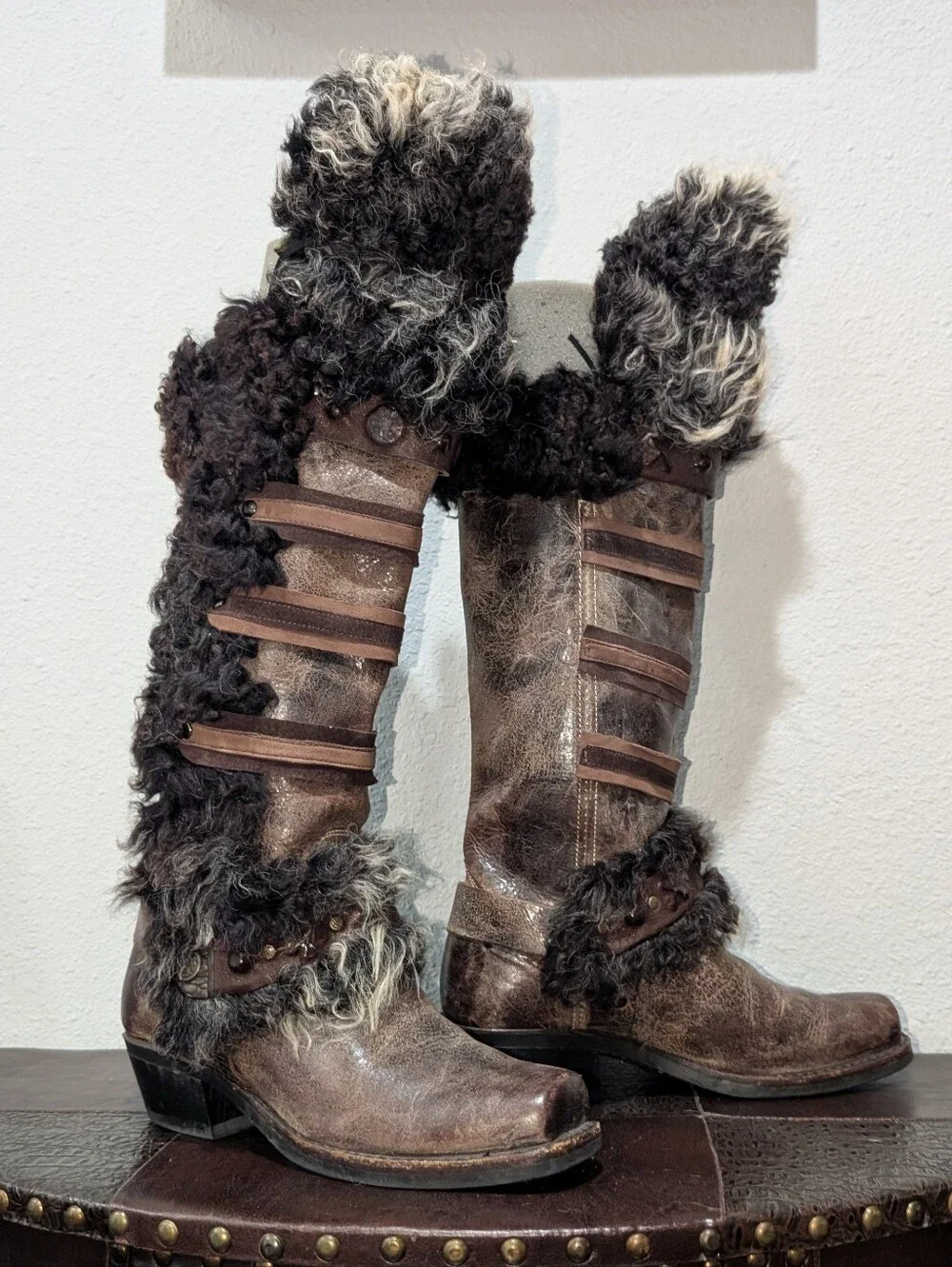 ​🔥FRYE One-of-a-Kind Custom Reworked 15R Tall Harness Boots Sheep Fur Burner 9